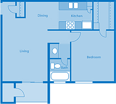 Floor plan for 1 bed, 1 bath, 623 sqft